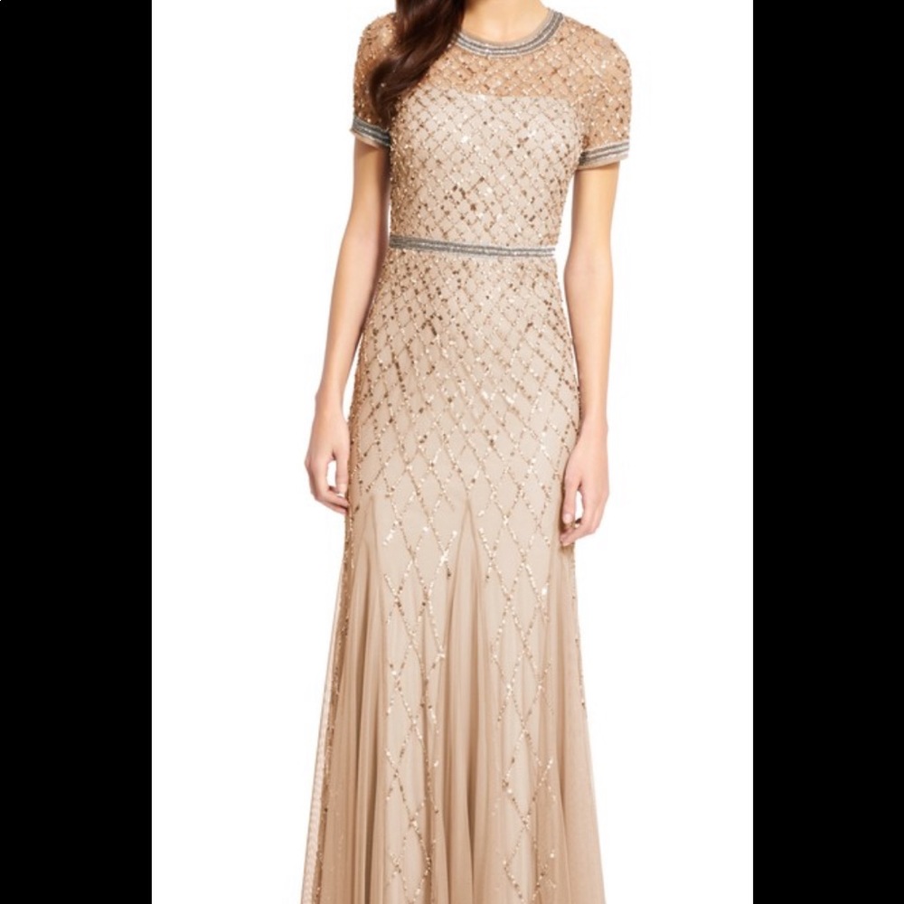 Adrianna Papell cap sleeve beaded champagne gown